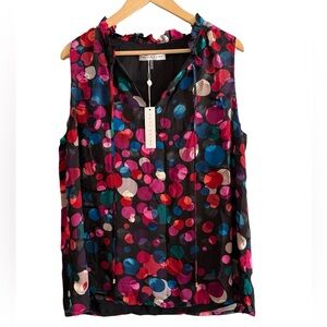 ✨NWT Trina Turk Multicolor Polka Dot Flounce Blouse Silk Rayon Art Deco Modern
